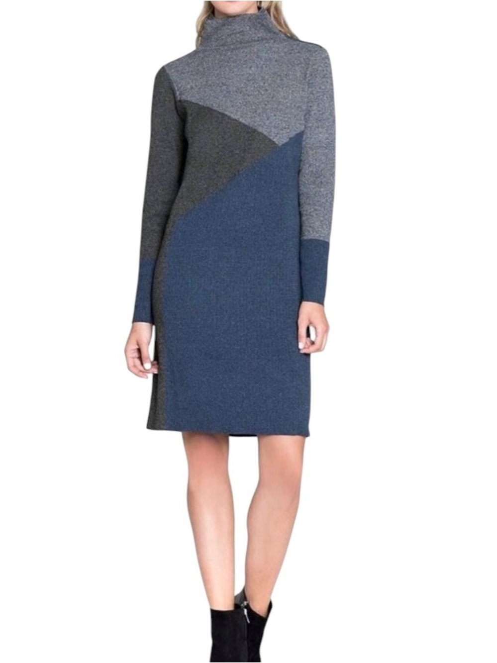 NIC+ZOE Color Block Dress Long Sleeve Gray & Blue Knit Sweater Dress Size S